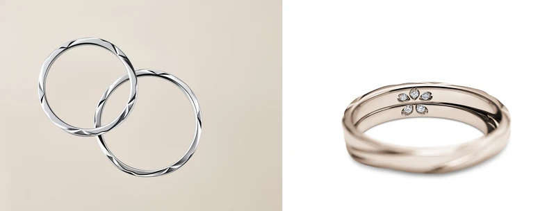 Chloris鉑金對戒側面櫻花刻紋,Chloris淺棕金對戒櫻花心諾彩鑽。 Chloris鉑金對戒側面櫻花刻紋,Chloris淺棕金對戒櫻花心諾彩鑽。