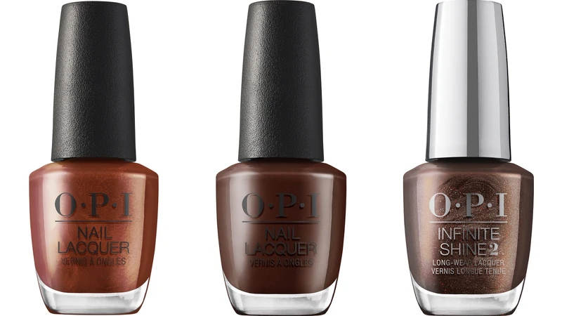 OPI經典指甲油(#NLF021千禧摩卡、#NLS032驕傲遊行)15ml，NT480。如膠似漆類光繚指甲油(#HRQ017淘氣熱托迪)15ml，NT680