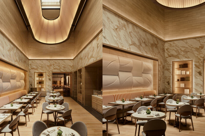 經典的卡拉卡金(Calacatta Gold)大理石作為空間主要材質。 經典的卡拉卡金(Calacatta Gold)大理石作為空間主要材質。