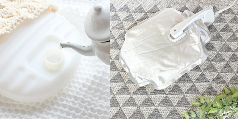 (左)矽膠熱水袋、(右)不需要加熱水的充電式熱水袋 (左)矽膠熱水袋、(右)不需要加熱水的充電式熱水袋