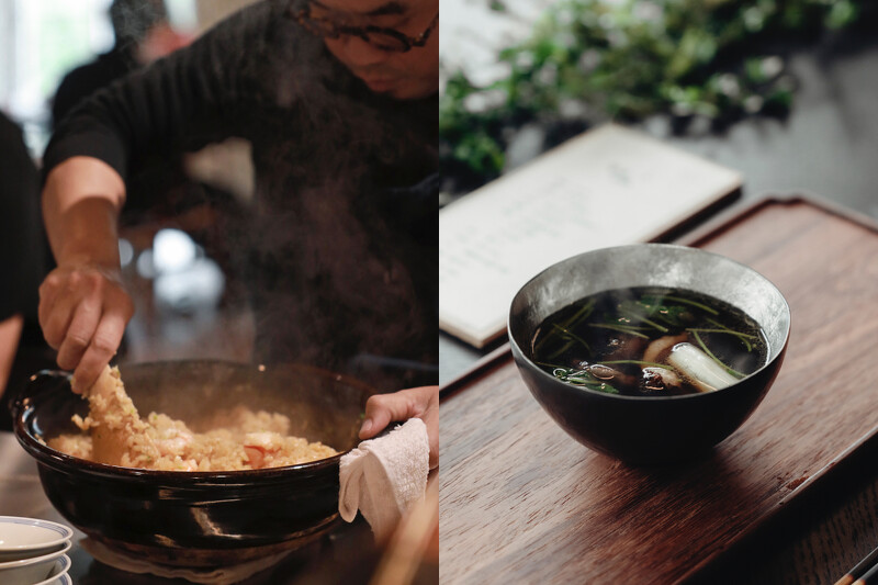 蝦仁炊飯與味道醇厚的鴨汁。 蝦仁炊飯與味道醇厚的鴨汁。