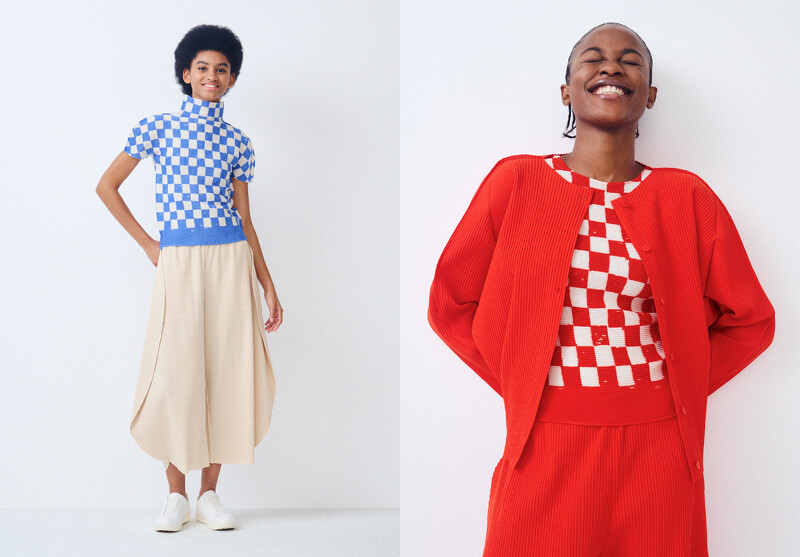 (左)CHECKER高領短袖上衣、DOT PLEATS造型褲;(右)CHECKER圓領短袖上衣、DOT PLEATS翻領開釦开衫。 (左)CHECKER高領短袖上衣、DOT PLEATS造型褲;(右)CHECKER圓領短袖上衣、DOT PLEATS翻領開釦开衫。