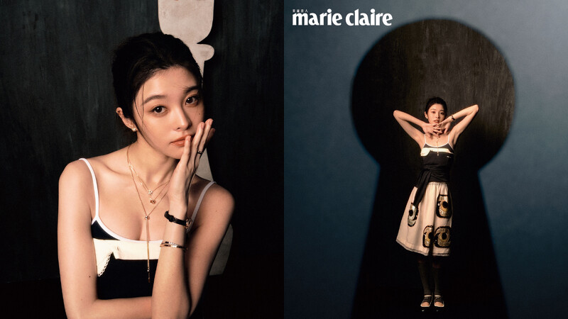 針織泳裝、羊毛船領毛衣、蕾絲邊半截裙、白色背心、灰色針織襪套、褶皺樂福鞋,all by Miu Miu;Bee de Chaumet 18K玫瑰金、白金手環、Hortensia 18K玫瑰金腕錶、Bee de Chaumet 18K黃金耳環、Bee de Chaumet 18K黃金、玫瑰金項鏈、Bee de Chaumet 18K玫瑰金、白金戒指,all by Chaumet。 針織泳裝、羊毛船領毛衣、蕾絲邊半截裙、白色背心、灰色針織襪套、褶皺樂福鞋,all by Miu Miu;Bee de Chaumet 18K玫瑰金、白金手環、Hortensia 18K玫瑰金腕錶、Bee de Chaumet 18K黃金耳環、Bee de Chaumet 18K黃金、玫瑰金項鏈、Bee de Chaumet 18K玫瑰金、白金戒指,all by Chaumet。