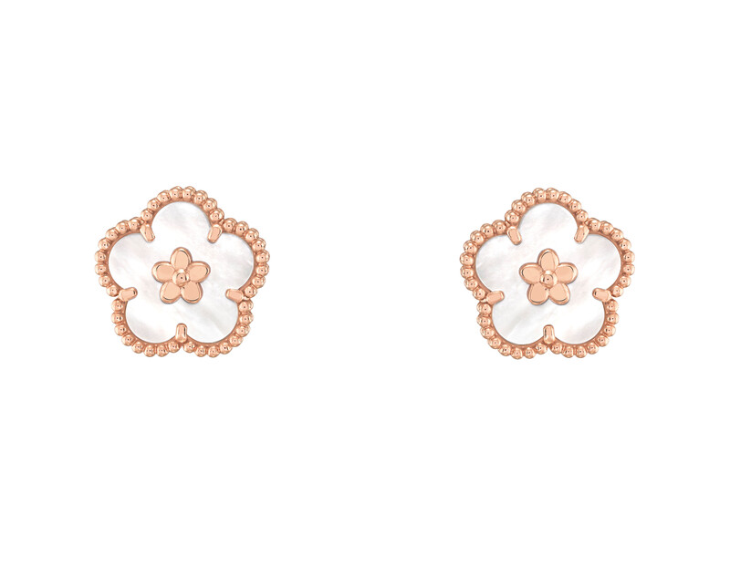 Lucky Spring 梅花耳環，玫瑰金、白色珍珠貝母。