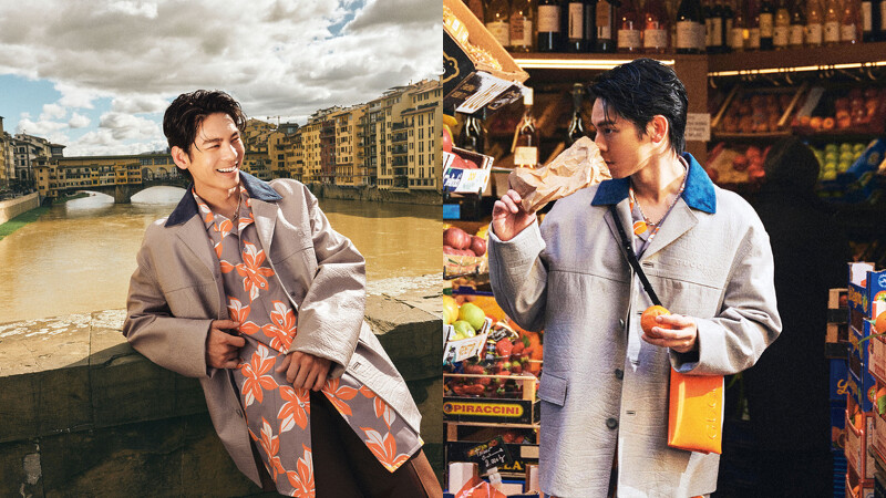 灰色皮外套、橘色印花襯衫、咖啡色長褲、Burn短靴、項鍊、橘色肩背包，All by Gucci。