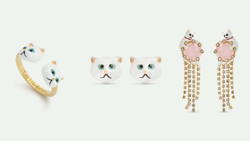小白貓戒指 NT5,800、小白貓耳環 NT4,400、小白貓與粉色石英耳環 NT13,400