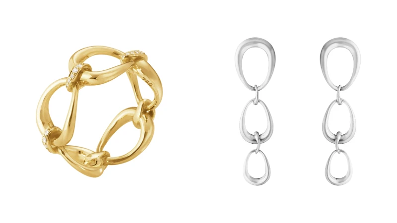 OFFSPRING系列18K黃金鑽石戒指(鑽石總重0.14克拉)、OFFSPRING系列純銀三環耳環。