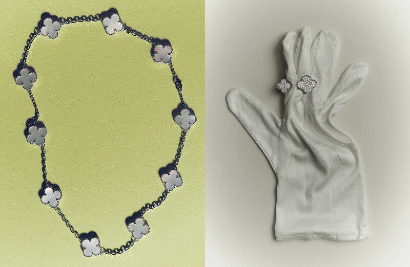 (左)Vintage Alhambra 系列18K 白金鑲嵌珍珠母貝項鍊 (10枚四葉幸運圖騰),Van Cleef & Arpels。 (右)Magic Alhambra 系列18K 白金鑲鑽指間戒,Van Cleef & Arpels。 (左)Vintage Alhambra 系列18K 白金鑲嵌珍珠母貝項鍊 (10枚四葉幸運圖騰),Van Cleef & Arpels。 (右)Magic Alhambra 系列18K 白金鑲鑽指間戒,Van Cleef & Arpels。