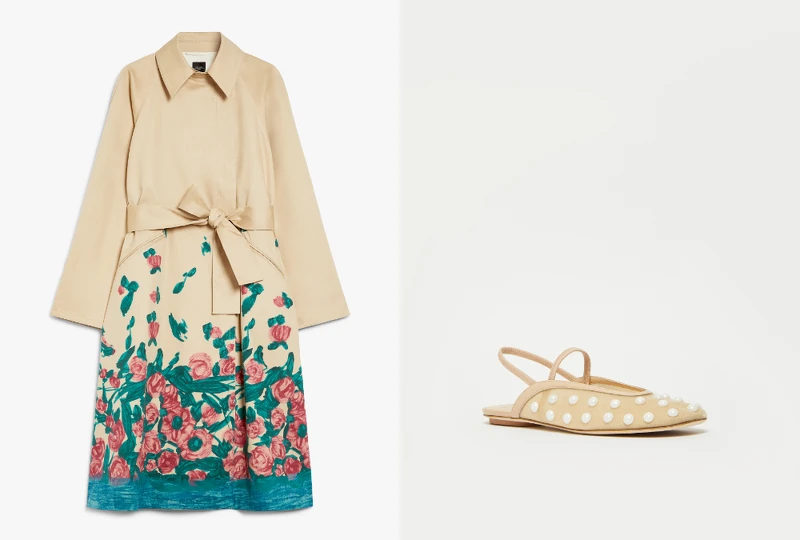 花卉印花長版風衣 $45,600、珍珠網狀穆勒鞋 價格未定 花卉印花長版風衣 $45,600、珍珠網狀穆勒鞋 價格未定