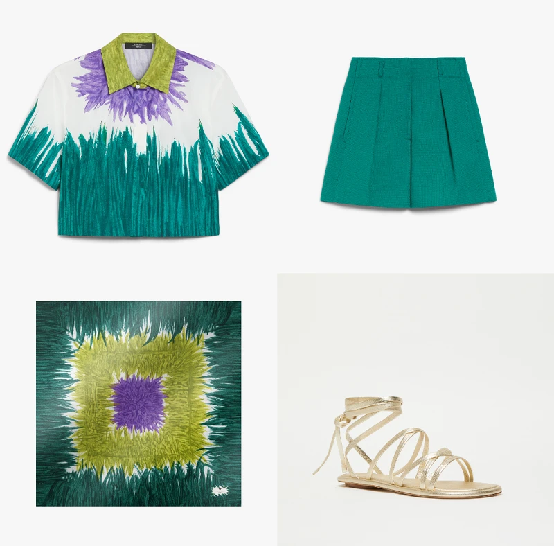 地中海風情印花襯衫 $11,900、打摺棉質短褲 $12,600、地中海風情印花絲巾 $5,700、金色繫帶涼鞋 價格未定 地中海風情印花襯衫 $11,900、打摺棉質短褲 $12,600、地中海風情印花絲巾 $5,700、金色繫帶涼鞋 價格未定