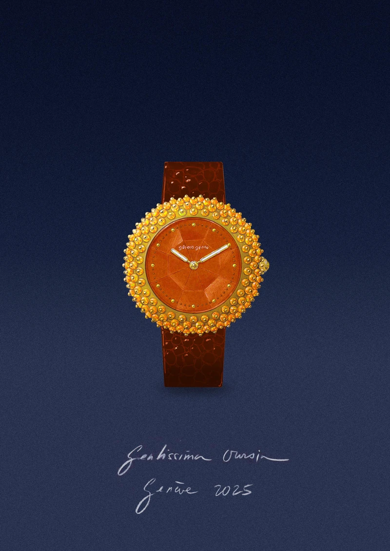 Gérald Genta年度新品Gentissima Oursin Fire Opal,是Gérald Genta較顯為人知的Oursin(指稱海膽)系列。該系列源於1994年Genta一家正在科西嘉島度假,觀察海邊生物所獲得的靈感。海膽帶刺外觀轉化為圓珠裝飾錶殼。新品錶殼為3N黃金裝飾137顆火蛋白石,橘色紅玉髓錶盤。搭載Cal. GG-005,為同集團Zenith Elite機芯改制。 Gérald Genta年度新品Gentissima Oursin Fire Opal,是Gérald Genta較顯為人知的Oursin(指稱海膽)系列。該系列源於1994年Genta一家正在科西嘉島度假,觀察海邊生物所獲得的靈感。海膽帶刺外觀轉化為圓珠裝飾錶殼。新品錶殼為3N黃金裝飾137顆火蛋白石,橘色紅玉髓錶盤。搭載Cal. GG-005,為同集團Zenith Elite機芯改制。