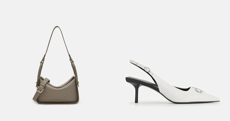 Demi皮革肩背包(灰褐色)，NT$ 3,990、PEDRO ICON牛皮尖頭高跟鞋，NT$ 3,290。