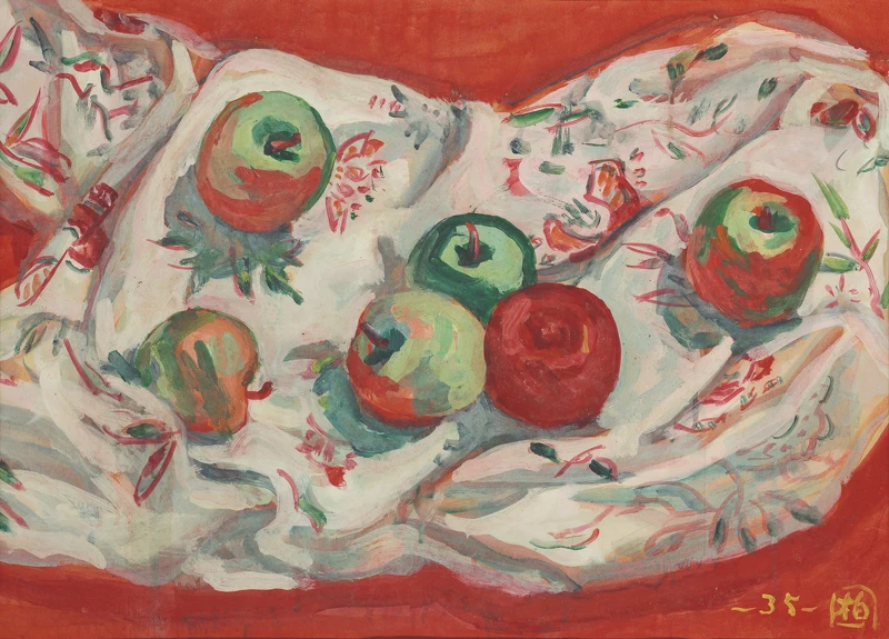 郭柏川《蘋果與花布》,1946,油 彩、宣紙,37 x 50公分。臺北市立美術館典藏。 郭柏川《蘋果與花布》,1946,油 彩、宣紙,37 x 50公分。臺北市立美術館典藏。
