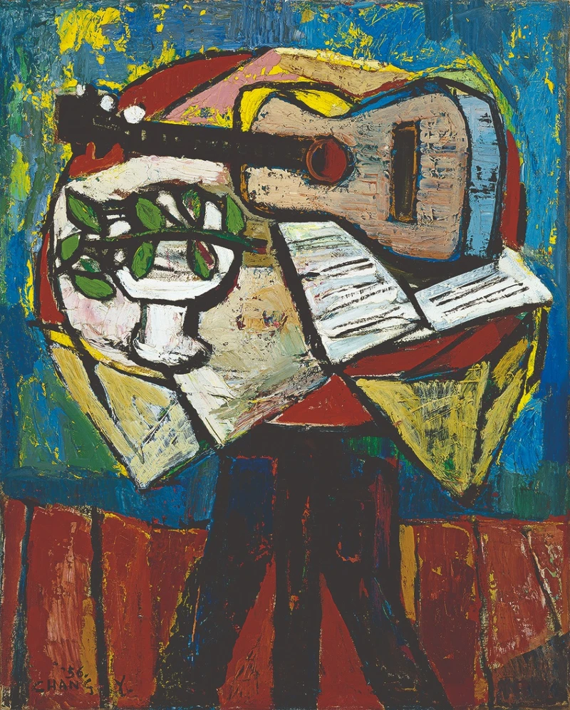 張義雄《吉他》,1956,油彩、畫布,99.5 x 80公分。臺北市立美術館典藏。 張義雄《吉他》,1956,油彩、畫布,99.5 x 80公分。臺北市立美術館典藏。