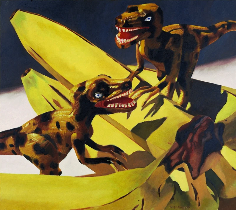 莫伊塞斯‧巴瑞歐斯《香蕉恐龍》,1999,油彩、畫布,169.5 x 189.5公分。臺北市立美術館典藏。 莫伊塞斯‧巴瑞歐斯《香蕉恐龍》,1999,油彩、畫布,169.5 x 189.5公分。臺北市立美術館典藏。