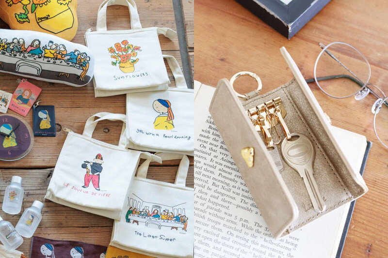 （左）世界名作系列保冷便當袋NT290元/色，（右）金屬愛心裝飾皮革鑰匙包NT990元。