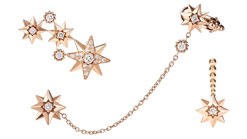 左: Dior Étoile des Vents玫瑰金鑲鑽單耳耳環。中:Dior Étoile des Vents玫瑰金鑲鑽單耳耳掛。右: Dior Étoile des Vents玫瑰金鑲鑽單耳耳環