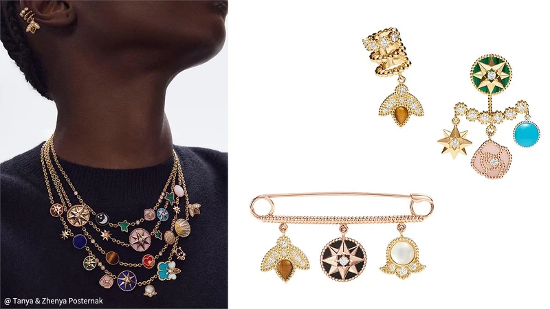 右上Dior The Charms彩寶鑲鑽耳環。右下Dior The Charmsc虎眼石縞瑪瑙珍珠母貝鑲鑽胸針。