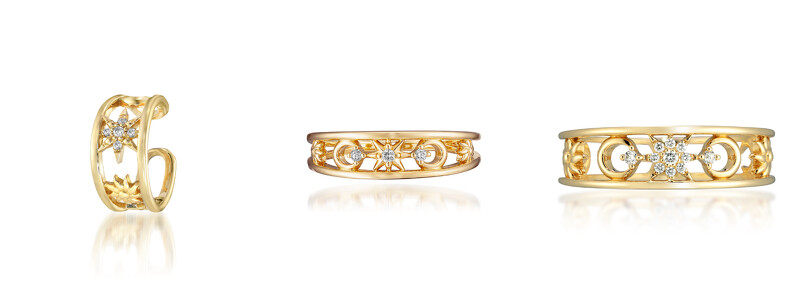 MOON&SUN系列K18耳骨夾，NT17,200；K18尾戒，NT23,300；K18戒指，NT$37,100。