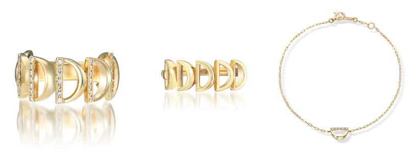 HALF MOON系列K18鑽石戒指，NT83,500；K18尾戒，NT27,600；K18手鍊，NT14,900。