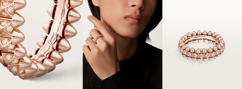 Clash de Cartier將卡地亞經典的飾釘、圓珠、巴黎飾釘元素融為一體。 Clash de Cartier戒指，玫瑰金小型款，鋪鑲鑽石。