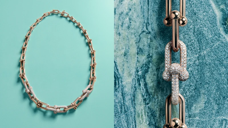 Tiffany HardWear玫瑰金鋪鑲鑽石漸層扣環項鍊。