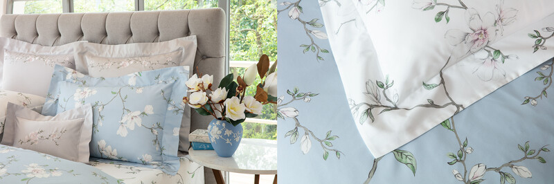 木蘭琢白 貝比紗印花 雙人四件式床組 義大利原裝(青空藍),NT:46,800。 木蘭琢白 貝比紗印花 雙人四件式床組 義大利原裝(青空藍),NT:46,800。