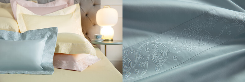 佛羅倫斯600 織紗埃及棉刺繡 雙人四件式床組(碧空灰、晶透黃、柔胭粉),NT:24,800 佛羅倫斯600 織紗埃及棉刺繡 雙人四件式床組(碧空灰、晶透黃、柔胭粉),NT:24,800