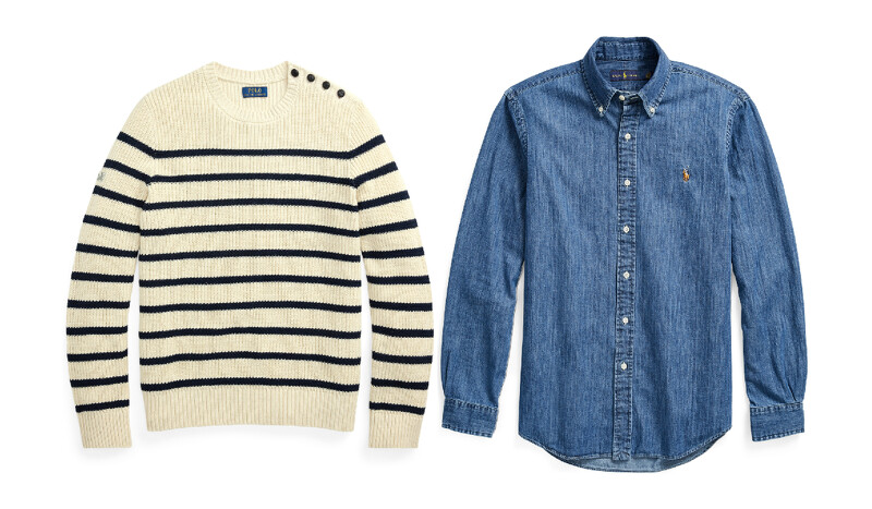Polo Ralph Lauren 條紋棉麻混紡毛衣 NT$9,680，Polo Ralph Lauren 經典版型牛仔布襯衫 NTD 5,880。