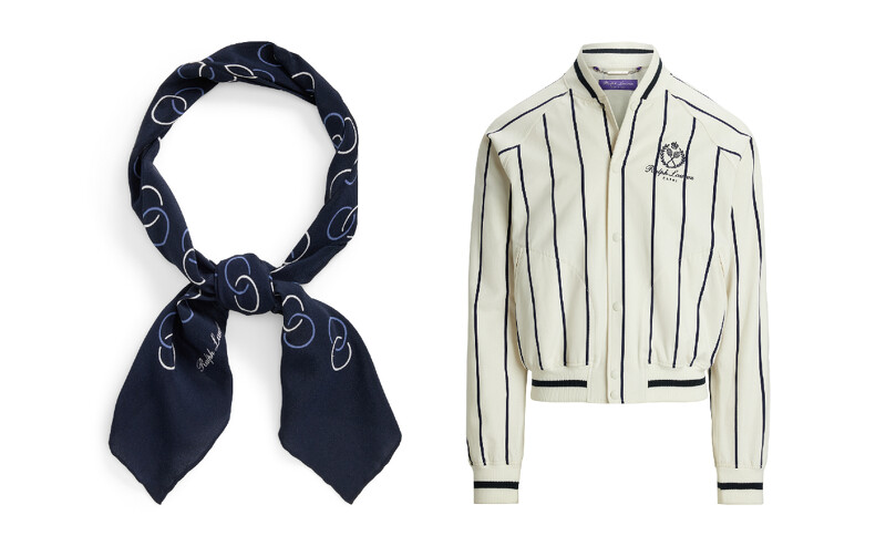 Ralph Lauren Purple Label 蠶絲口袋方巾 價格店洽，Ralph Lauren Purple Label Langdon 條紋喀什米爾羊毛混紡外套 NTD 78,800。