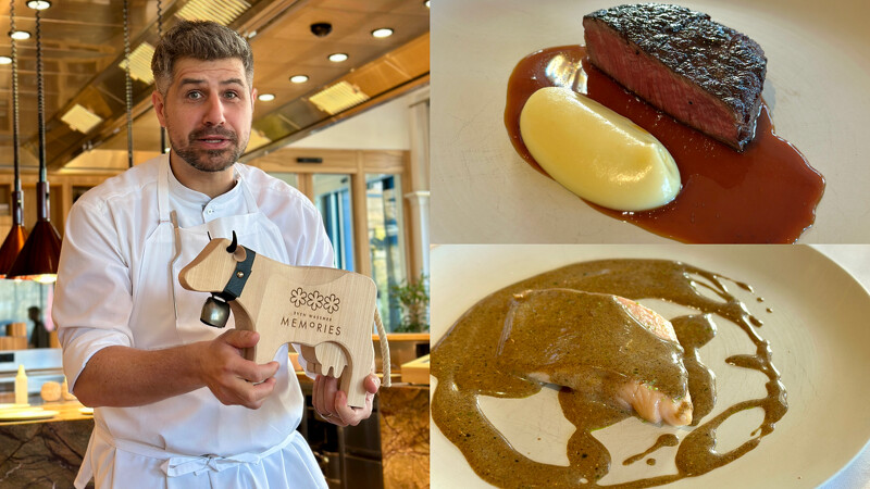 主廚Sven Wassmer親自介紹米其林三星的獎牌 主廚Sven Wassmer親自介紹米其林三星的獎牌