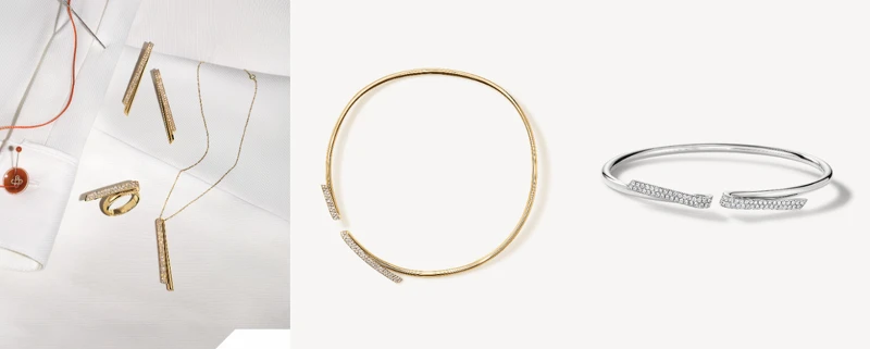 INSIDE/OUT Flip系列：INSIDE/OUT Flip 黃K金鑽石鎖骨鍊(鑽石總重約1.60ct)，NT699,000；INSIDE/OUT Flip白K金鑽石手鐲(鑽石總重約0.50ct)，NT153,000。