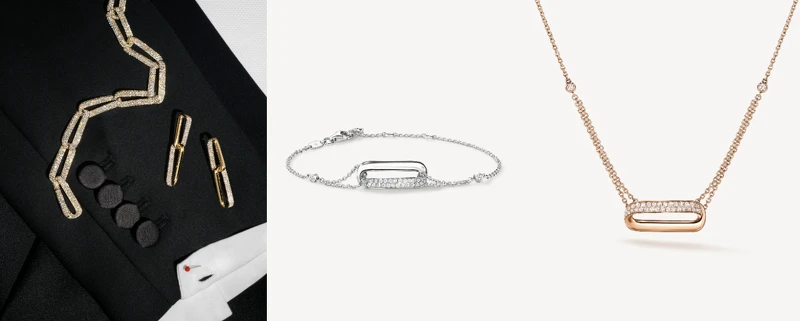 INSIDE/OUT Link系列。INSIDE/OUT Link 白K金鑽石手鍊(鑽石總重約0.20ct)，NT59,000； INSIDE/OUT Link 玫瑰金鑽石項鍊(鑽石總重約0.20ct)，NT66,000。