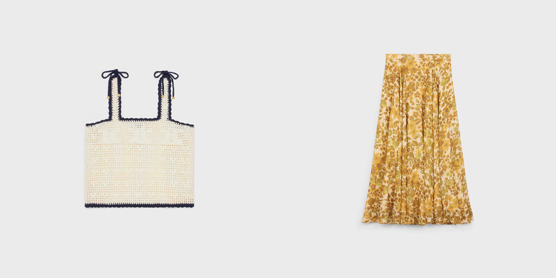 TRIOMPHE鉤針編織短上衣，NT57,000；縐絲印花長裙，NT81,000。