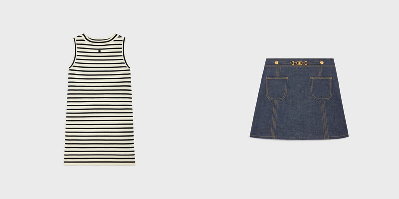 TRIOMPHE羊毛水手風迷你連身裙，NT69,000；原色牛仔布迷你裙，NT40,500。