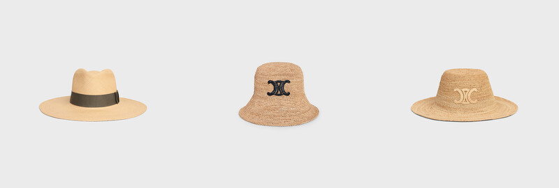 TRIOMPHE巴拿馬草帽，NT$29,500；TRIOMPHE拉菲亞草編漁夫帽，NT27,000；TRIOMPHE拉菲亞草帽，NT28,000。