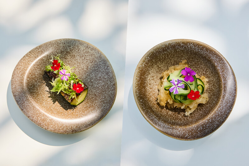  「炙烤櫛瓜佐樹豆辣椒醬」與「醋漬煙燻銀耳」。