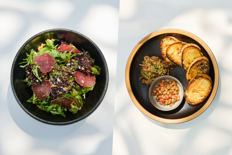 「山羊Salami綜合沙拉」與 「馬莎拉風味手撕豬」。