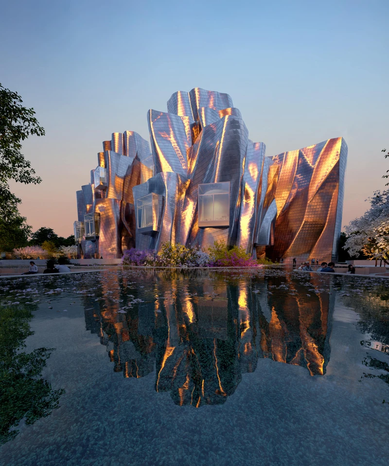 中國醫藥大學美術館模擬圖。由普立茲克建築獎得主、美國建築大師法蘭克·蓋瑞（Frank Gehry）親自設計。圖片提供：中國醫藥大學