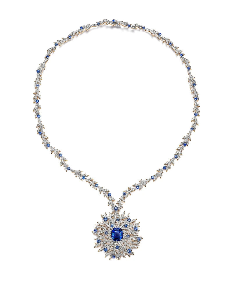 Tiffany Blue Book 高級珠寶系列_鉑金和與黃K金鑲嵌主石逾14克拉未經優化處理的珍稀斯里蘭卡藍寶石、藍寶石和鑽石項鍊