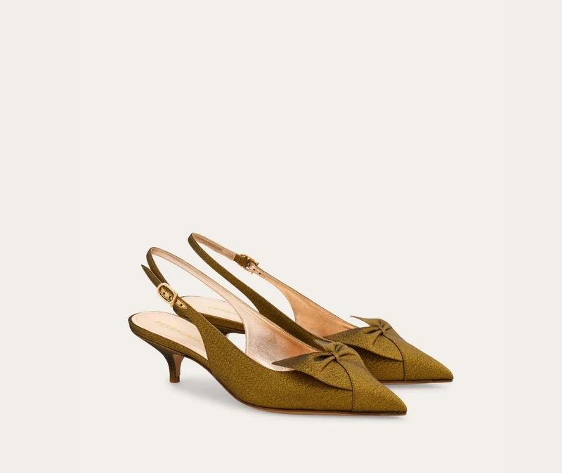 Ferragamo 金蔥塔夫綢蝴蝶結露跟低跟鞋 Ferragamo 金蔥塔夫綢蝴蝶結露跟低跟鞋