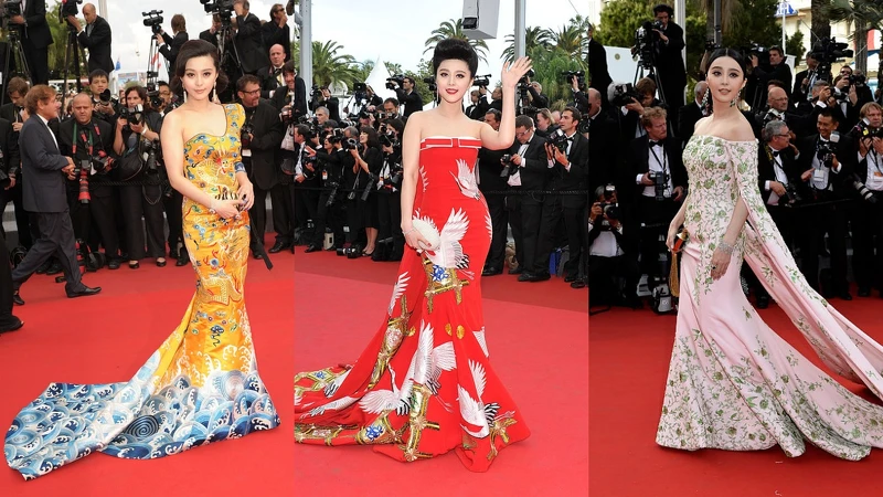 范冰冰於往年坎城影展的龍袍、白鶴、花卉刺繡等宮廷風格禮服造型