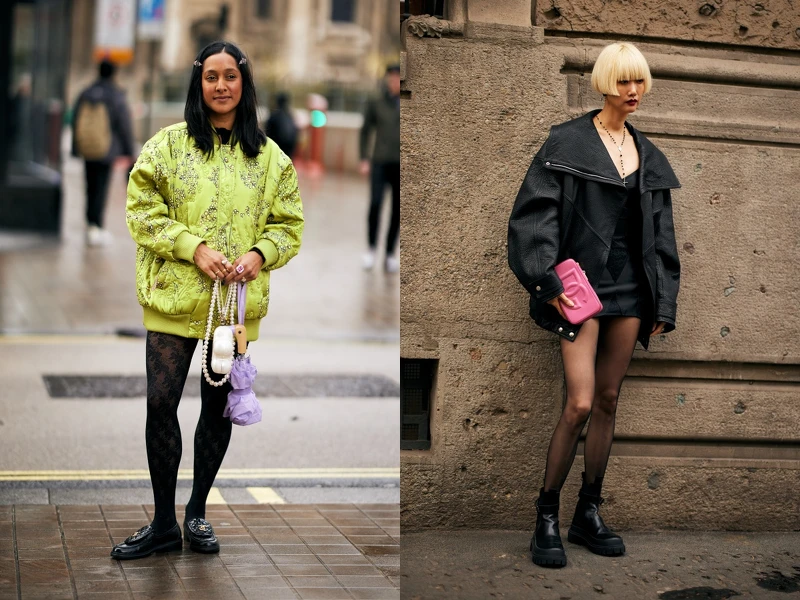 Logo絲襪搭配Oversized上衣與厚底運動鞋街頭風格穿搭範例 Logo絲襪搭配Oversized上衣與厚底運動鞋街頭風格穿搭範例