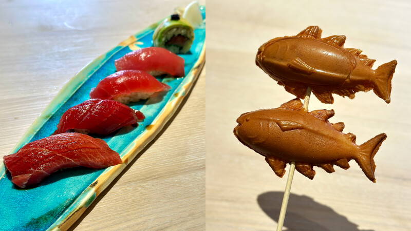 東港鮪魚壽司五貫、黑鮪魚造型雞蛋糕 東港鮪魚壽司五貫、黑鮪魚造型雞蛋糕