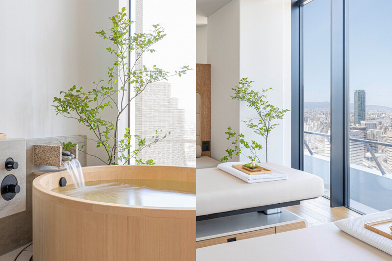 配備檜木浴缸的情侶療程室。 配備檜木浴缸的情侶療程室。