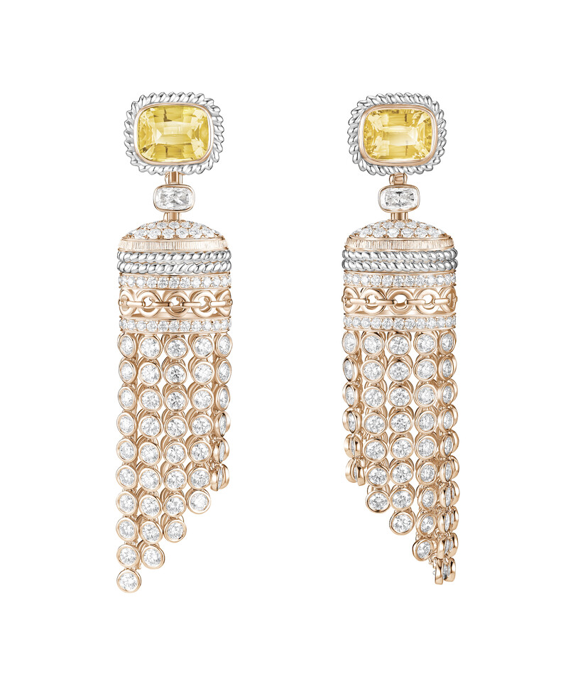 Essence of Extraleganza頂級珠寶系列18K玫瑰金黃色藍寶石鑽石流蘇耳環，建議售價約NT$5,200,000