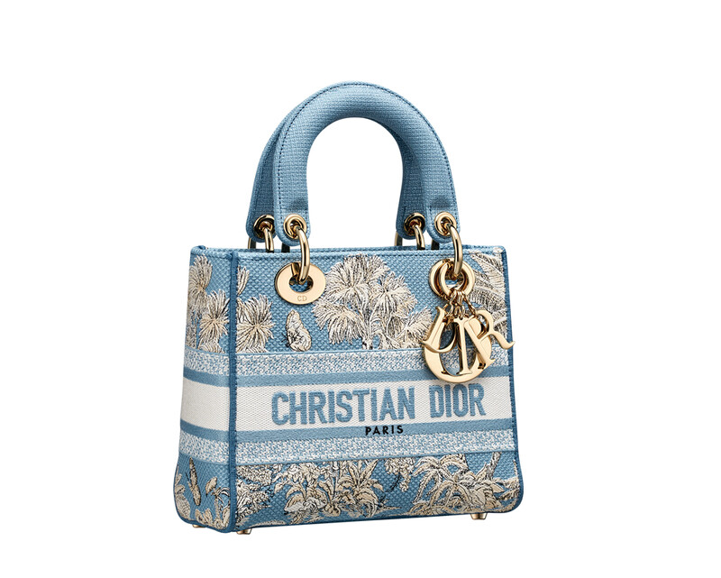 Dioriviera Lady D-Lite蔚藍色與白色Toile de Jouy Palms法式印花圖騰刺繡小型提包，NT165,000。