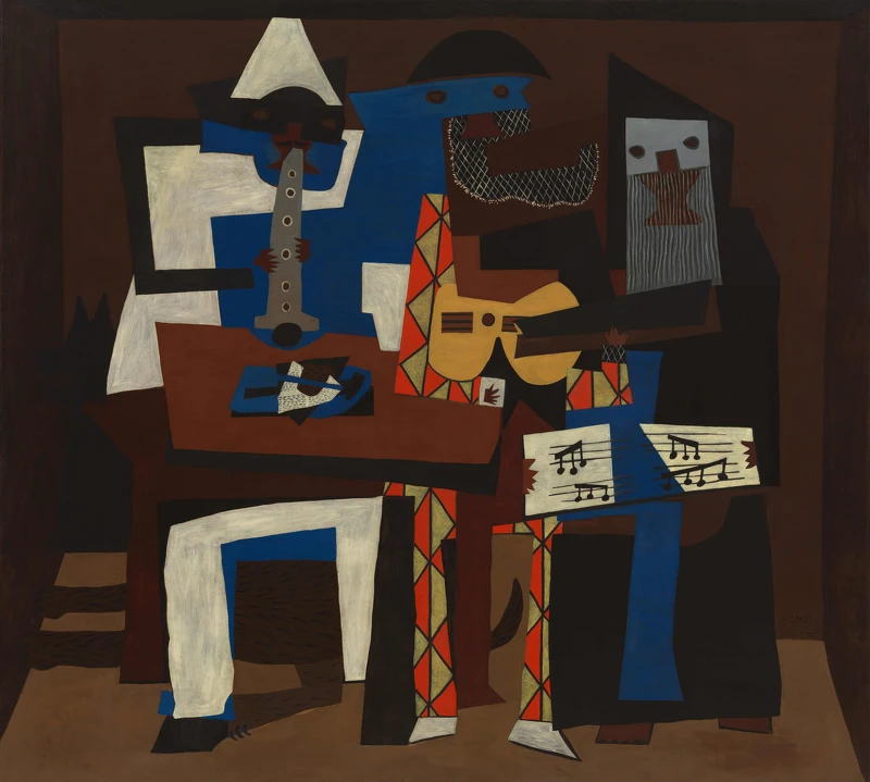 巴勃羅.畢卡索|三位音樂家(Three Musicians)|1921|油彩畫布|200.7 x 222.9 cm|西蒙・古根漢夫人基金贊助|© 2025 畢卡索遺產 / 藝術家版權協會(ARS),紐約 巴勃羅.畢卡索|三位音樂家(Three Musicians)|1921|油彩畫布|200.7 x 222.9 cm|西蒙・古根漢夫人基金贊助|© 2025 畢卡索遺產 / 藝術家版權協會(ARS),紐約