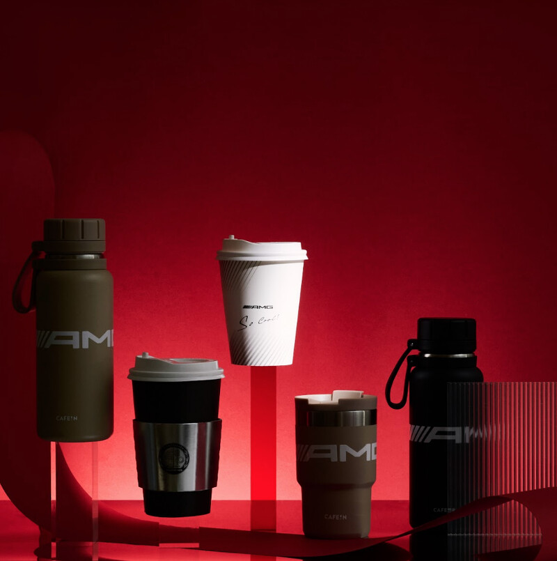 CAFE!N x Mercedes-AMG 聯名周邊商品，包含濾掛組、隨行杯與保溫壺
