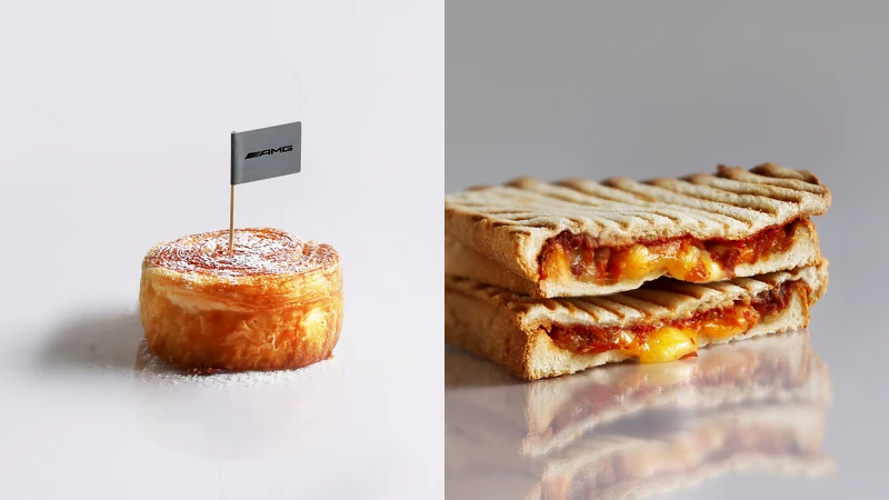 CAFE!N x Mercedes-AMG 聯名餐點：「脆輪可頌」與「紅炎辣醬烤雞三明治」